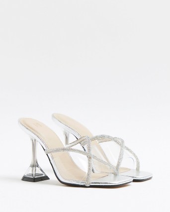 RIVER ISLAND SILVER DIAMANTE PERSPEX HEELED MULES / martini glass shaped heels / embellished party sandals