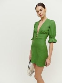 Reformation Simi Linen Dress in Kelly | green puff sleeved plunging neckline dresses