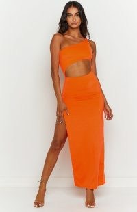 BEGINNING BOUTIQUE Simone Orange Cut Out Maxi Dress / one shoulder thigh high split hem going out dresses / evening glamour / glamorous cutout party fashion