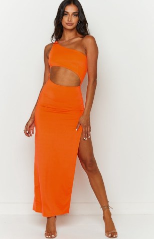 BEGINNING BOUTIQUE Simone Orange Cut Out Maxi Dress / one shoulder thigh high split hem going out dresses / evening glamour / glamorous cutout party fashion - flipped