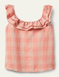 Boden Sleeveless Ruffle Linen Top Tonal Pinks Gingham / pink sleevless ruffle trim tops / women’s checked summer fashion