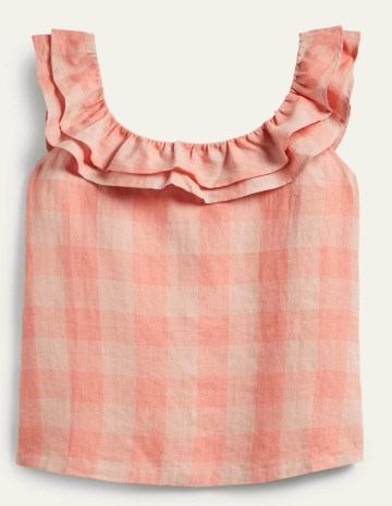 Boden Sleeveless Ruffle Linen Top Tonal Pinks Gingham / pink sleevless ruffle trim tops / women’s checked summer fashion - flipped
