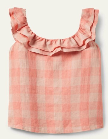 Boden Sleeveless Ruffle Linen Top Tonal Pinks Gingham / pink sleevless ruffle trim tops / women’s checked summer fashion