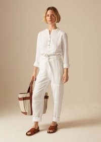 ME AND EM Slim Barrel-Leg Cheesecloth Pant – women’s white cotton tie waist summer trousers