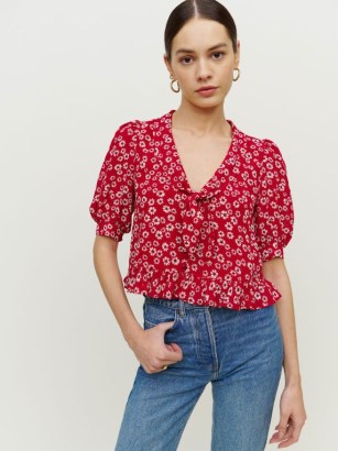 Reformation Sloane Top in Jenna | women’s red floral puff sleeve ruffle hem tops | womens vintage style peplum blouses - flipped