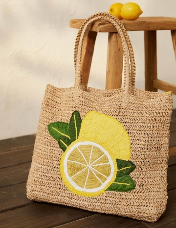 Boden Soft Straw Bag Lemon / fruit print tote bags / summer shopper / beach accessories - flipped