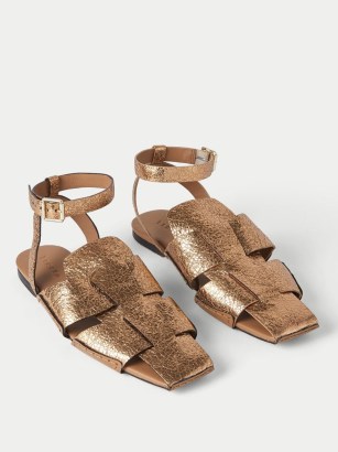 JIGSAW Sutton Leather Woven Sandal / metallic bronze square toe flat sandals / women’s ankle strap flats for summer 2022 - flipped