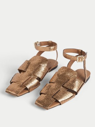 JIGSAW Sutton Leather Woven Sandal / metallic bronze square toe flat sandals / women’s ankle strap flats for summer 2022