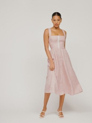 Reformation Tagliatelle Linen Dress in Blush Check – women’s light pink checked sleeveless dresses ~ womens feminine fitted bodice summer clothes - flipped