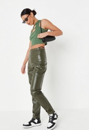 MISSGUIDED tall khaki mock croc faux leather turn up hem trousers ~ womens green crocodile print fashion - flipped