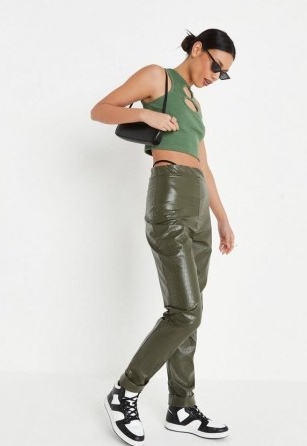 MISSGUIDED tall khaki mock croc faux leather turn up hem trousers ~ womens green crocodile print fashion