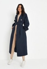 MISSGUIDED tall navy longline belted trench coat – womens dark blue coats