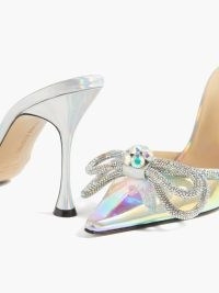 MACH & MACH Double Bow crystal-embellished PVC pumps | silver pointed toe mules | high stiletto heel party shoes