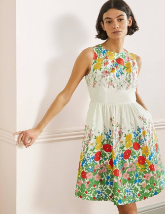 Boden Tara Fit-and-Flare Dress / women’s ivory sleeveless floral flared hem sakter dresses / feminine summer fashion