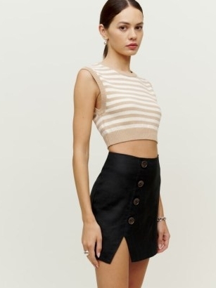 Reformation Taylor Linen Skirt Black – women’s button detail mini skirts - flipped