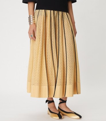 Tory Burch PLEATED HONEYCOMB EYELET SKIRT in Sun Glow ~ designer cotton cut out detail summer skirts - flipped