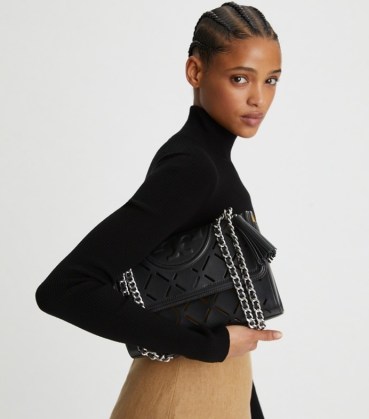 Tory Burch FLEMING DIAMOND PERFORATED CONVERTIBLE SHOULDER BAG ~ black leather laser cut bags ~ designer chain shoulder strap handbags