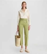 Tory Burch SAILOR PANT Light Green Olive ~ women’s cotton horn button detail summer trousers ~ chic casual clothing