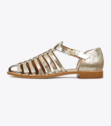 Tory Burch FISHERMAN SANDAL in Spark Gold ~ women’s metallic cracked leather caged sandals ~ womens summer side buckle shoes - flipped