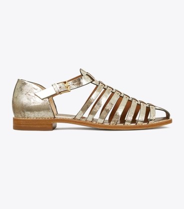 Tory Burch FISHERMAN SANDAL in Spark Gold ~ women’s metallic cracked leather caged sandals ~ womens summer side buckle shoes