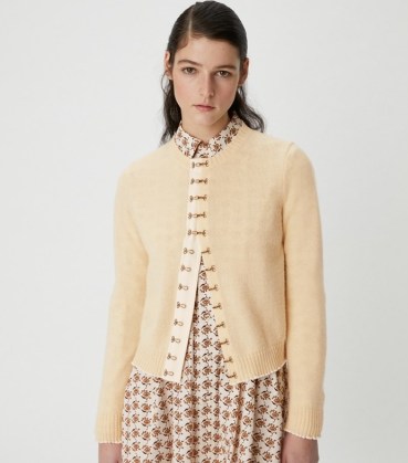 Tory Burch HOOK-AND-EYE CARDIGAN Antique Cream ~ women’s luxe soft knit cardigans - flipped