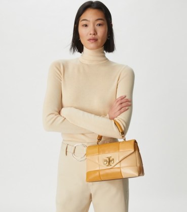 Tory Burch KIRA PATCHWORK SMALL TOP-HANDLE SATCHEL Golden Straw Mix ~ chic handbags ~ luxe colour block bags - flipped