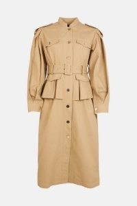 KAREN MILLEN Utility Volume Sleeve Trench Coat in Stone ~ women’s belted military inspired coats