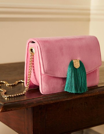 Boden Velvet Tassel Crossbody Bag / pink and green tasseled bags / occasion handbags - flipped