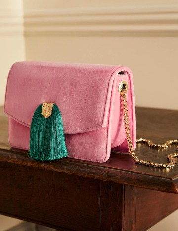 Boden Velvet Tassel Crossbody Bag / pink and green tasseled bags / occasion handbags