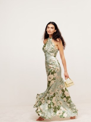 REFORMATION Veria Dress in Tarragon / romantic floral halterneck maxi dresses / vintage style summer occasion glamour / glamorous summer event halter neck fashion / women’s romance inspired clothes - flipped