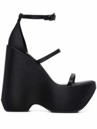 Versace Triplatform strappy 160mm sandals / super high triple strap black leather platforms / extreme wedged heels / chunky square toe wedges