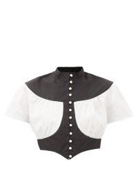 BATSHEVA Ashlyn two-tone cropped cotton-poplin blouse ~ short sleeved high neck crop tops ~ monochrome blouses