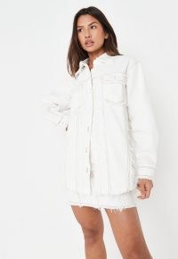 Missguided white co ord frayed seam detail denim shirt | women’s casual curved hem shirts