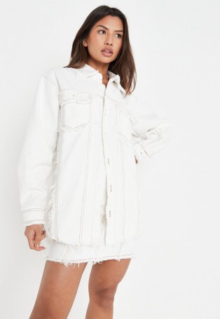 Missguided white co ord frayed seam detail denim shirt | women’s casual curved hem shirts - flipped