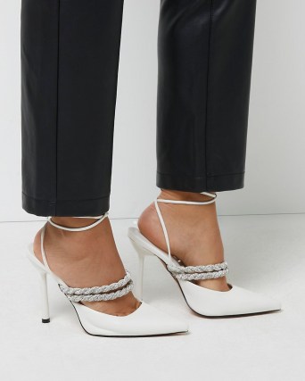 RIVER ISLAND WHITE DIAMANTE COURT SHOES / embellished strappy courts / pointed toe high heels - flipped