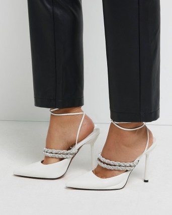 RIVER ISLAND WHITE DIAMANTE COURT SHOES / embellished strappy courts / pointed toe high heels