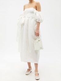 CECILIE BAHNSEN Joel puff-sleeve jacquard midi dress ~ romantic white spaghetti strap occasion dresses ~ romance inspired summer event clothes
