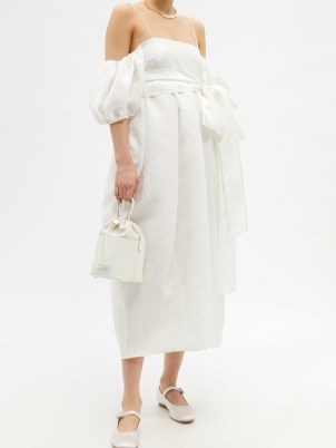 CECILIE BAHNSEN Joel puff-sleeve jacquard midi dress ~ romantic white spaghetti strap occasion dresses ~ romance inspired summer event clothes - flipped