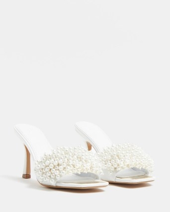 RIVER ISLAND WHITE PEARL EMBELLISHED HEELED MULES ~ luxe style square toe party shoes ~ glamorous slip on high heel sandals - flipped