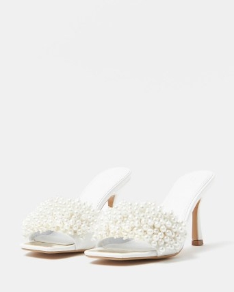 RIVER ISLAND WHITE PEARL EMBELLISHED HEELED MULES ~ luxe style square toe party shoes ~ glamorous slip on high heel sandals