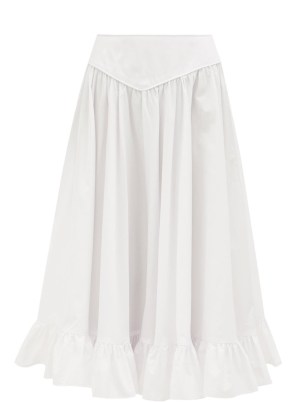 BATSHEVA Ruffled cotton-poplin midi skirt ~ women’s white ruffle hem skirts - flipped