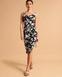 Abercrombie & Fitch Asymmetrical Cinched Midi Dress / floral fitted asymmetric evening dresses / ruched occasion fashion