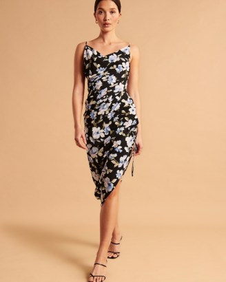 Abercrombie & Fitch Asymmetrical Cinched Midi Dress / floral fitted asymmetric evening dresses / ruched occasion fashion