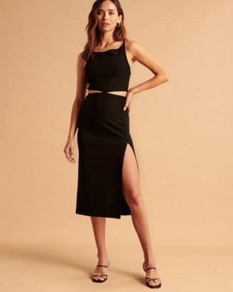 ABERCROMBIE & FITCH Boatneck Side Cutout Midi Dress ~ black cut out evening dresses ~ women’s party fashion ~ split hem