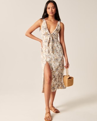 Abercrombie & Fitch Cinched Neck Slip Midi Dress / sleeveless floral print plunge front split hem dresses - flipped