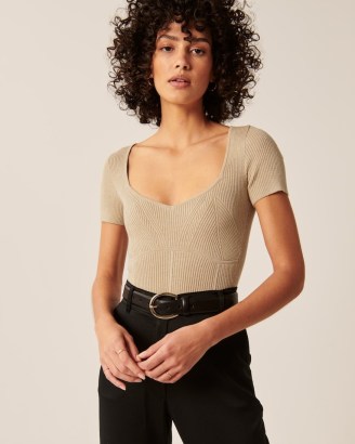 Abercrombie & Fitch Corset-Inspired Short-Sleeve Bodysuit ~ light brown slim fit bodysuits - flipped