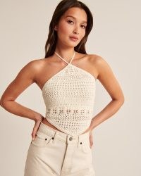 Abercrombie & Fitch Crochet Bandana Hem Tank | white knitted halter tops | retro summer fashion