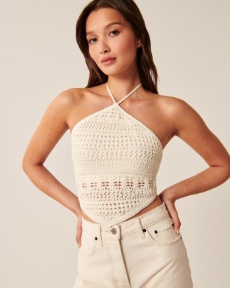Abercrombie & Fitch Crochet Bandana Hem Tank | white knitted halter tops | retro summer fashion - flipped