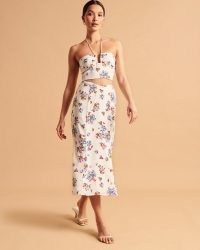 Abercrombie & Fitch Dipped Waist Midi Skirt / women’s silky floral skirts