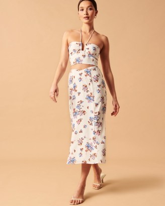 Abercrombie & Fitch Dipped Waist Midi Skirt / women’s silky floral skirts - flipped